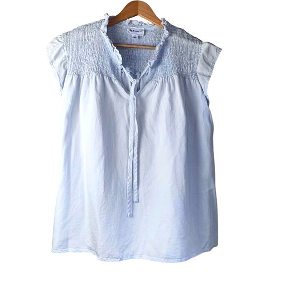 For The Republic Sky Blue Peasant Top Tie Front Blouse Size Large - Picture 1 of 5